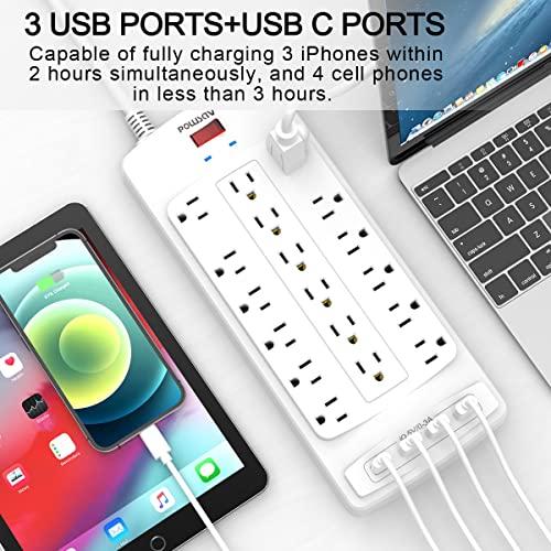 Regleta Protectora de Sobretensión de 18 Tomas con 4 USB, Cable Plano de 3m y 2100 Joules