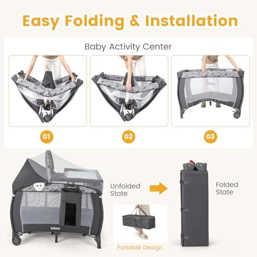 INFANS 4 in 1 Pack and Play, Portable Travel Baby Playard with Bassinet, Changing Table, Canopy, Mosquito Net, Hanging Toys, Music Box, Storage Bag, Large Playpen from Newborn to T thumbnail 6