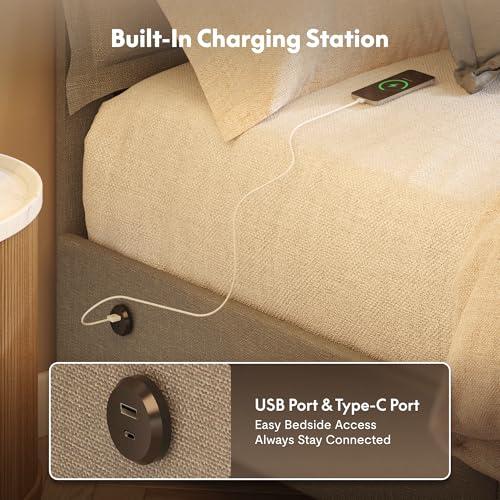 Cama Queen FLEXISPOT Tapizada con Cabecera Ajustable, Puertos USB/Tipo-C y 900 lbs – Gris Claro