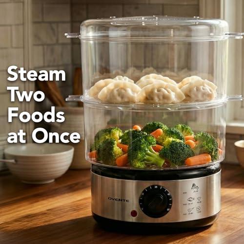 OVENTE 2-Tier Electric Food Steamer, 5 Quart Stainless Steel Stackable Steam Cooker with 400W Power, 60-Minute Timer & Auto Shut-Off, Dishwasher Safe, Healthy Vegetable & Seafood S thumbnail 5