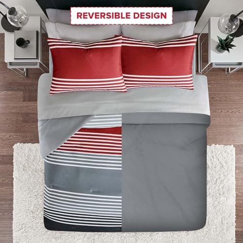 Comfort Spaces Queen Comforter Sets with Sheets - Bed in a Bag 9 Pieces Teen Bedding Sets, Red and Grey Stripes Bedding Queen, College Queen Bed Set with 2 Side Pockets Bedroom Org