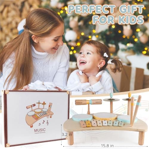 Kids Drum Set, Montessori Musical Instruments for Toddlers 1-3, Wooden Musical Toys for Baby 12-18 Months, Preschool Educational Xylophone Drum Kit