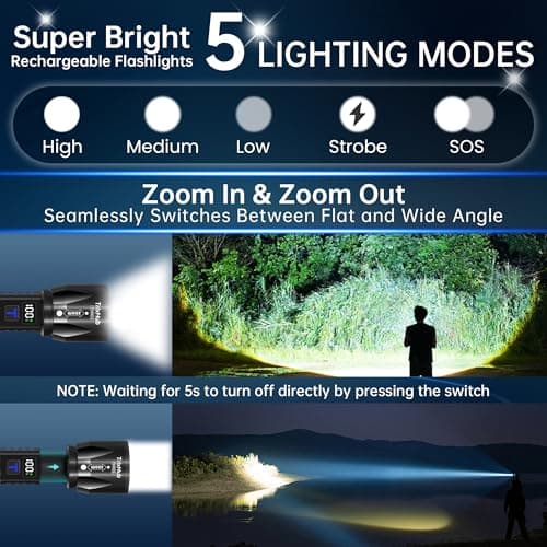 TrixHub Rechargeable LED Flashlights High Lumens 2Pack, Super Bright Zoomable Handheld Flash Light with LCD Digital Display, Powerful Emergency Linternas, Waterproof, Long Lasting, thumbnail 3
