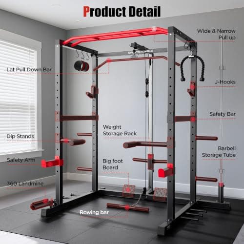 SPORTSROYALS Power Rack, Multi-Functional Power Cage, Squat Rack with Pulley System & LAT Pull Down, Workout Cage with J Hooks for Home Gym thumbnail 9