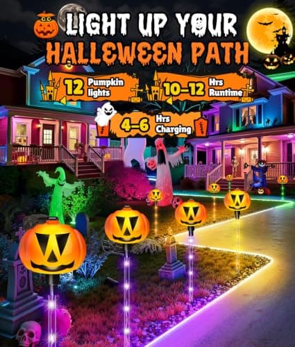 12 Pack Halloween Outdoor Decorations Solar Pathway Stake Pumpkin Lights thumbnail 2