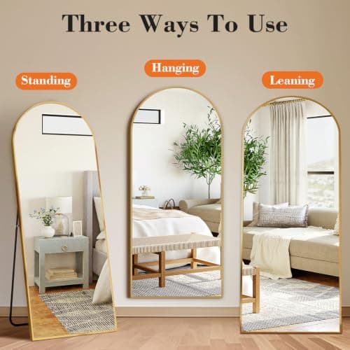 DUMOS 64"x21" Arched Full Length Floor Mirror, Full Body Mirror with Stand, Shatterproof Tempered Glass, Modern Aluminum Alloy Frame, Free Standing or Leaning for Home Decor, Gold