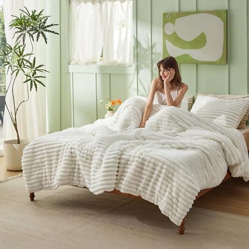 Bedsure Queen Fluffy Comforter Set - GentleSoft 3 Pieces Luxury Fleece Cream White Bedding, Cozy Room Decor Aesthetic, 1 Queen Bed Comforter (90"x90") and 2 Pillowcases (20"x26") thumbnail 6