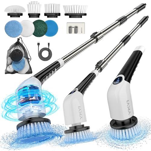 YKYI Electric Spin Scrubber,Cordless Cleaning Brush,Shower Cleaning Brush with 8 Replaceable Brush Heads,Power Scrubber 3 Adjustable Speeds,Adjustable & Detachable Long Handle,Voic