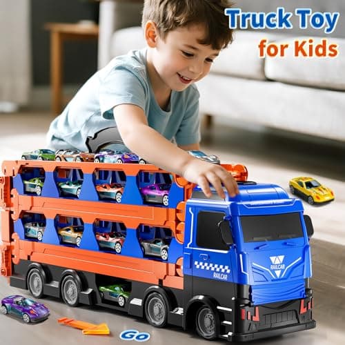 GYYCKTD Cars Truck Set Transport Toy for Kids, Race Track Set with 12 Die-Cast Cars, Trucks Playset, 2-Tier Launching Tracks, Carrier Toy for Boys Girls Birthday Gifts for Boys Age