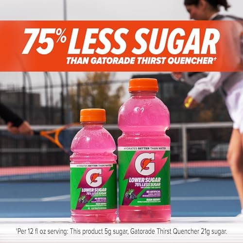 Gatorade Lower Sugar Electrolyte Sports Drink, Rain Berry, 12 fl oz Bottles, (12 Pack), 75% Less Sugar, No Artificial Flavors, No Artificial Sweeteners, No Artificial Colors, Hydra thumbnail 6