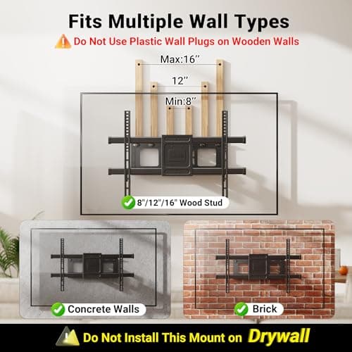 BONTEC Full Motion TV Wall Mount for 37-85 Inch TVs, Hold up to 132lbs, Heavy Duty Swivel Tilt TV Mount, Articulating Dual Arm Wall Mount TV Bracket, Max VESA 600x400mm, Fits 16" W thumbnail 4