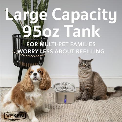 Veken Innovation Award Winner Stainless Steel Cat Water Fountain, 95oz/2.8L Automatic Pet Fountain Dog Water Dispenser with Replacement Filters & Silicone Mat, Gifts for Cats, Dogs