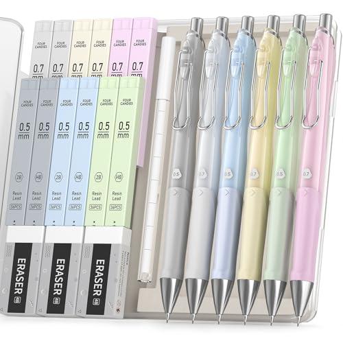 Four Candies Pastel Mechanical Pencil Set,6PCS Cute Mechanical Pencils with 432PCS 0.5 & 0.7 mm HB/2B Leads, 3PCS Erasers, 9PCS Eraser Refills,School Supplies for Writing, Drawing 