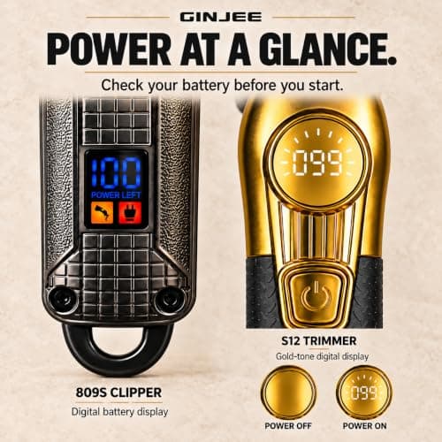 Hair Clippers for Men, Cordless Barber Clipper and Trimmer Set, Gold | 7,000/7,500 RPM motors, LED displays, 809S 150+ min and S12 120+ min runtime, 9 guide combs, corded or cordless use thumbnail 5
