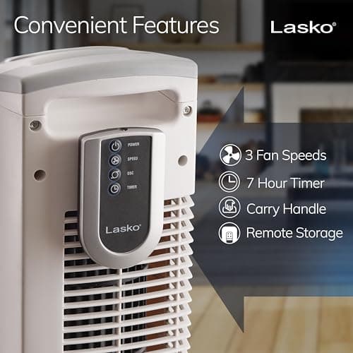 Lasko Oscillating Tower Fan with Remote Control, 3 Quiet Speeds, Timer for Bedroom, Kitchen, Office Use, White, 36" 2510 thumbnail 5