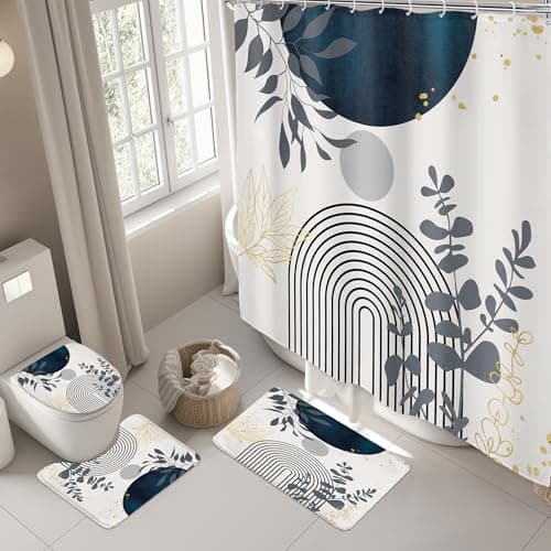 Set de 4 Piezas para Baño Riyidecor: Cortina, Tapa de Inodoro y Tapetes Antideslizantes Boho Azul Marino