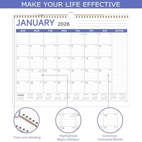 2026 Calendar - 2026 Wall Calendar from Jan. 2026 to Dec. 2026, 12 Month Calendars 2026 with Large Ruled Blocks and Julian Dates, 11.5''x14.5''