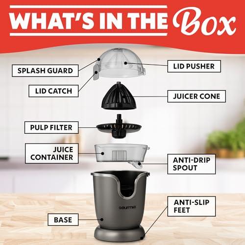 Gourmia Automatic Citrus Juicer - 17 oz Capacity, One-Touch Operation, Universal Cone, Anti-Drip Spout, Dishwasher-Safe Accessories, Compact Quiet 60W Motor thumbnail 6