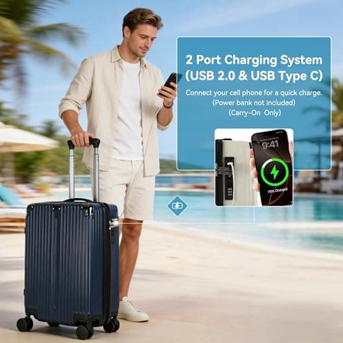 HEJIHUI 20 Inch Carry On Luggage with Spinner Wheels,PC Expandable Hard Shell Suitcase with USB Port,Lightweight Travel Luggage Airline Approved for Men Women (Navy Blue)