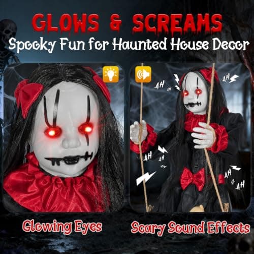 Scary Halloween Hanging Decorations Outdoor,4.6FT Hanging Swing Girl Doll | Slap Activated Creepy Halloween Hanging Prop with Spooky Sounds Expressions & Light-Up Eyes for Yards,Patios & Haunted House