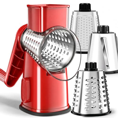 Weltonhm 4 in 1 Large Rotary Cheese Grater Hand Crank (red, 3 Graters)