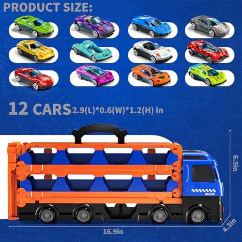 GYYCKTD Cars Truck Set Transport Toy for Kids, Race Track Set with 12 Die-Cast Cars, Trucks Playset, 2-Tier Launching Tracks, Carrier Toy for Boys Girls Birthday Gifts for Boys Age