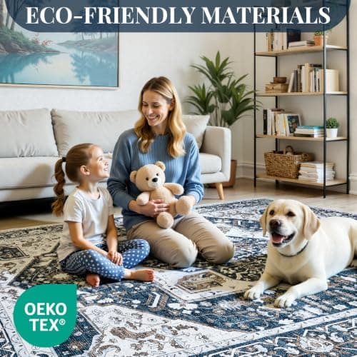 UKISS Washable Rugs Mats，Ultra Soft Faux Wool Memory Foam Rug for Bedroom, 5'x7' Non Slip Large Area Rugs for Living Room ，Low Pile Boho Carpets for Home Office,Blue thumbnail 3