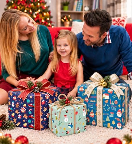 Papel de Regalo Navideño Jumbo | Diseño Muñecos de Nieve, Árboles y Santa