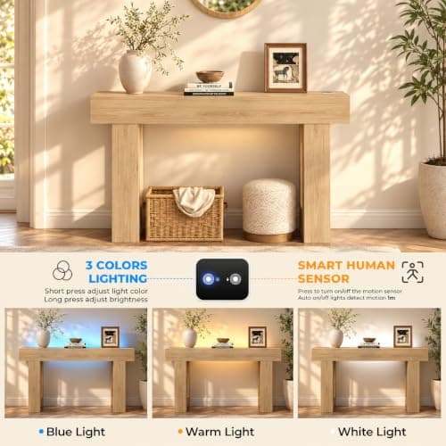 BROTTAR Foyer Table for Entryway, Console Table with Sensor Lights, Oak | Wood Entryway Table with Storage, Sofa Table Behind Couch for Entrance Hallway Living Room