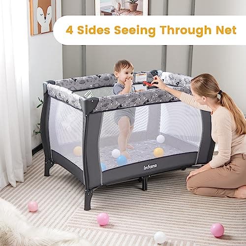 INFANS 4 in 1 Pack and Play, Portable Travel Baby Playard with Bassinet, Changing Table, Canopy, Mosquito Net, Hanging Toys, Music Box, Storage Bag, Large Playpen from Newborn to T thumbnail 2
