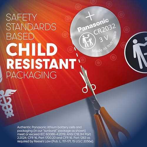 Panasonic CR2032 3.0 Volt Long Lasting Lithium Coin Cell Batteries in Child Resistant, Standards Based Packaging, 10 Pack thumbnail 4