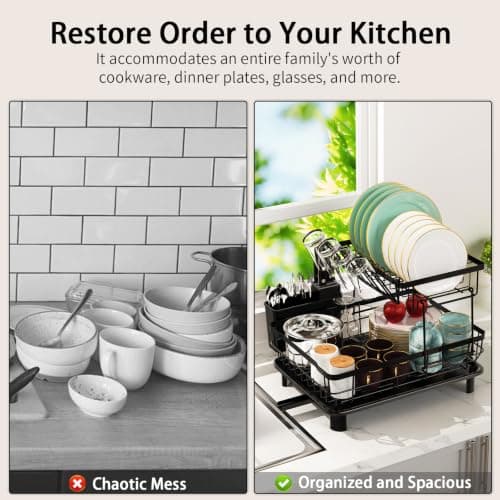 2-Tier Multifunctional Dish Drying Rack, Sturdy and Space-Saving | Large 12.95''W x 19.05''L x 12.63H Dish Drainer for Kitchen, Upgraded Drainage System, Stable and Slip-resistant Construction