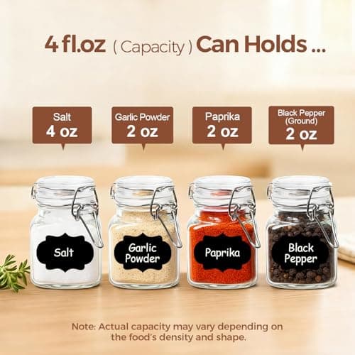 ComSaf: 12 Frascos de Vidrio Cuadrados para Especias (4 oz) con Tapa Hermética y Cierre de Alambre, Embudo y Etiquetas