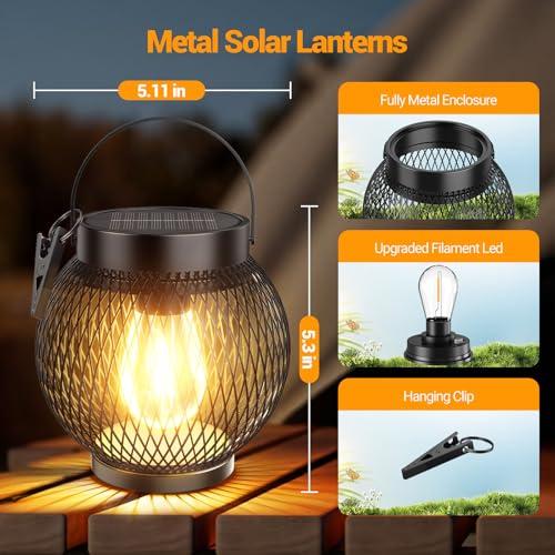 Solar Lanterns Outdoor Waterproof, Upgraded Hanging Solar Lights for Outside, Metal Solar Hanging Lanterns with Clip, Solar Powered Lantern for Patio Porch Garden Decor, 2 Pack thumbnail 7