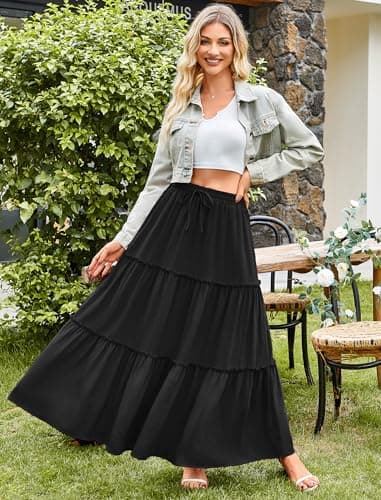 Arolina Women's Black Skirts with Pockets 2025 Casual Flowy A Line Maxi Skirts High Waisted Pleated Tiered Long Skirts M