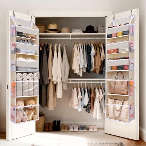 Ordovibe 5 Tiers Over the Door Organizer with 10 Mesh Side Pockets, 44 lbs Weight Capacity Closet Hanging Storage Organizer with Large Clear Window Kids Toys, Shoes, Diapers, Beige thumbnail 6