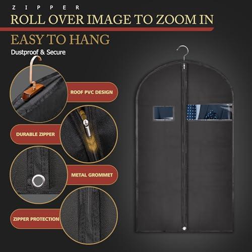 Hleelomi 5 Pack 40-inch Suit Bag Garment Bag for Travel and Storage, Garment Bags for Hanging Clothes with Zipper and Visible Transparent Window, Black thumbnail 2
