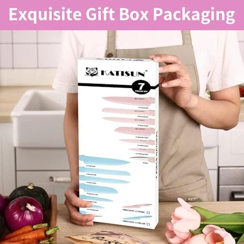 Juego de Cuchillos de Cocina Antiadherentes KATISUN, Rosa, 13 Pzas con 6 Fundas