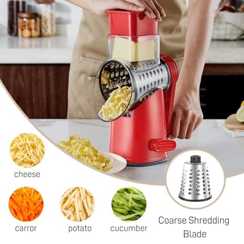 Weltonhm 4 in 1 Large Rotary Cheese Grater Hand Crank (red, 3 Graters)