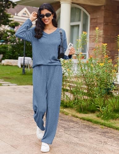 Ekouaer Lounge Sets for Women Long Sleeve Knit Ribbed Pajama Sets 2 Piece Casual Loungewear with Pockets thumbnail 7