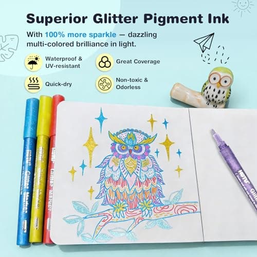 HOTU Glitter Marker Pens, 8 Pack, Assorted Sparkly Colors, 0.7mm Fine Tip