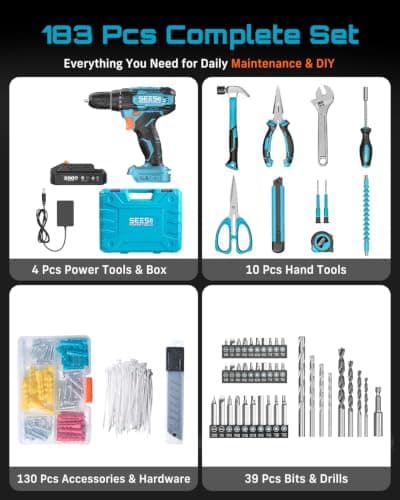 Seesii 20V Power Drill Set, 183Pcs Tool Kit with Toolbox for Home DIY thumbnail 2