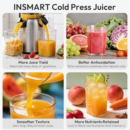 INSMART Juicer Machines, 3-in-1 Cold Press Juicer High Juice Yield | 300W Slow Masticating JuicerS Extractor Machine for Whole Fruits/Vegetables, Low Noise and Safety Lock