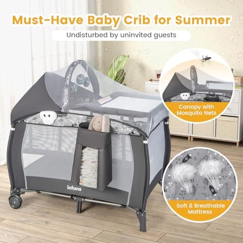 INFANS 4 in 1 Pack and Play, Portable Travel Baby Playard with Bassinet, Changing Table, Canopy, Mosquito Net, Hanging Toys, Music Box, Storage Bag, Large Playpen from Newborn to T thumbnail 7