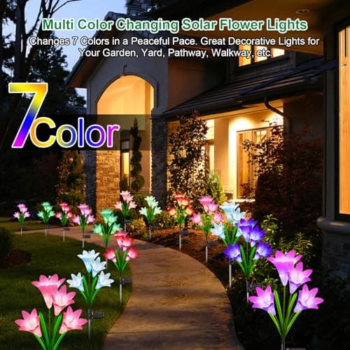 KuBace Solar Outdoor Lights Garden Decor, 6 Pack Upgraded Solar LED Flower Lights with 24 Bigger Lily Flower Lamp, 7 Color Changing Waterproof Solar Powered Flowers for Garden Yard thumbnail 6