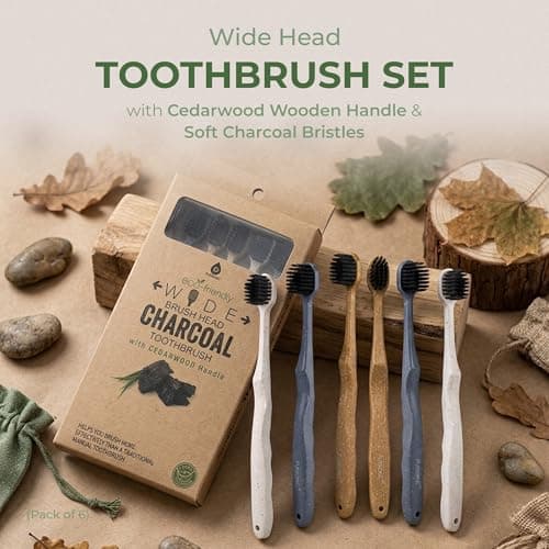 Pursonic Wide Head Toothbrush Set with Cedarwood Wooden Handle & Soft Charcoal Bristles - Travel Friendly Natural Oral Care Brushes with Comfortable Grip Design for All Age Groups  thumbnail 2