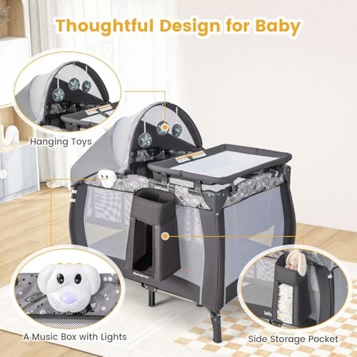 INFANS 4 in 1 Pack and Play, Portable Travel Baby Playard with Bassinet, Changing Table, Canopy, Mosquito Net, Hanging Toys, Music Box, Storage Bag, Large Playpen from Newborn to T thumbnail 3