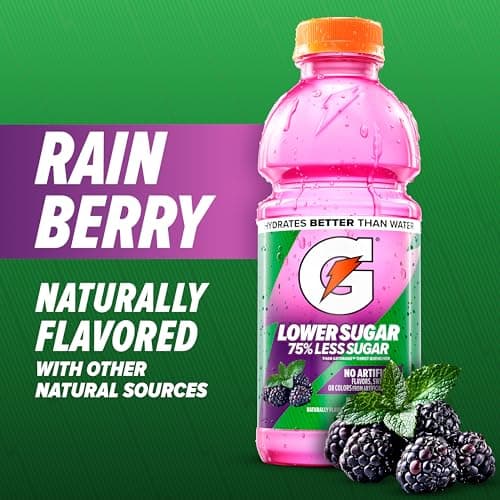 Gatorade Lower Sugar Electrolyte Sports Drink, Rain Berry, 12 fl oz Bottles, (12 Pack), 75% Less Sugar, No Artificial Flavors, No Artificial Sweeteners, No Artificial Colors, Hydra thumbnail 4