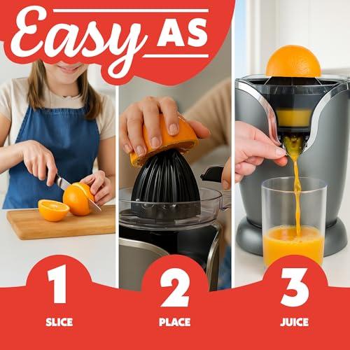 Gourmia Automatic Citrus Juicer - 17 oz Capacity, One-Touch Operation, Universal Cone, Anti-Drip Spout, Dishwasher-Safe Accessories, Compact Quiet 60W Motor thumbnail 9