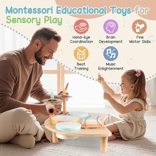 Kids Drum Set, Montessori Musical Instruments for Toddlers 1-3, Wooden Musical Toys for Baby 12-18 Months, Preschool Educational Xylophone Drum Kit